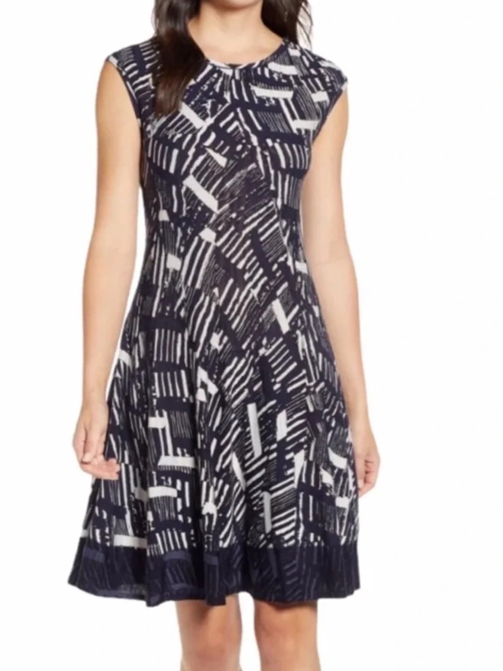 NIC + ZOE Melody Knit Dress Size L Navy Blue Abstract Fit & Flare Capped Sleeve
